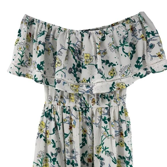 Off The Shoulder Midi Dress Ruffle White Green Floral Size 4 Pretty Little Thing - Picture 8 of 9